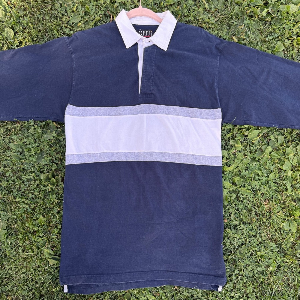 CITI Rugby Polo Shirt Medium Navy Blue Striped Long Sleeve Cotton Collared